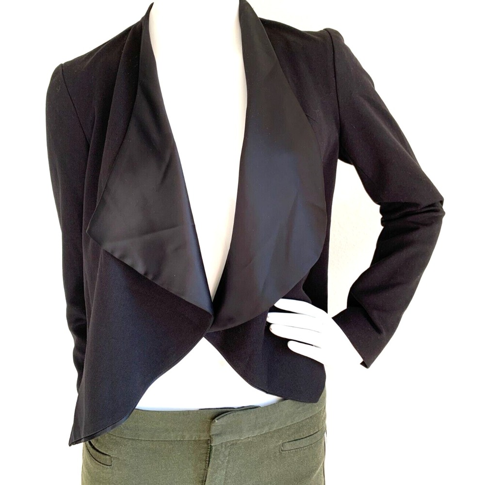 Elevenses Anthropologie Black Cropped Tuxedo Waterfall Open Front Jacket Size XS